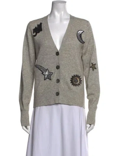 Pre-owned Cinq À Sept Graphic Print V-neck Sweater In Grey