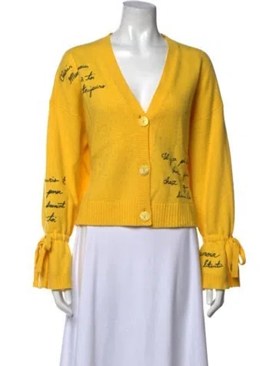 Pre-owned Cinq À Sept Graphic Print V-neck Sweater In Yellow