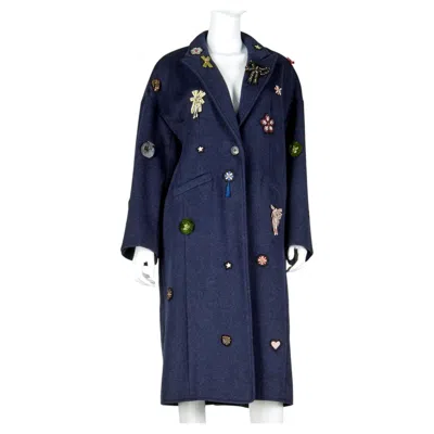 Pre-owned Cinq À Sept "gravis" Embellished Oversized Navy Wool Coat, New With Tags In Blue