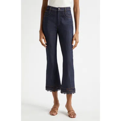 Cinq À Sept Guipure Lace Trim Cropped Flare Leg Jeans In Blue