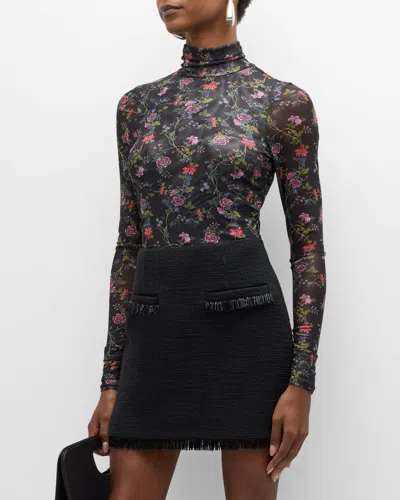 Cinq À Sept Mini Hana Floral Shirred Mesh Turtleneck In Black In Black Multi
