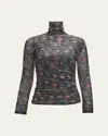 Cinq À Sept Mini Hana Floral Shirred Mesh Turtleneck In Black In Black Multi