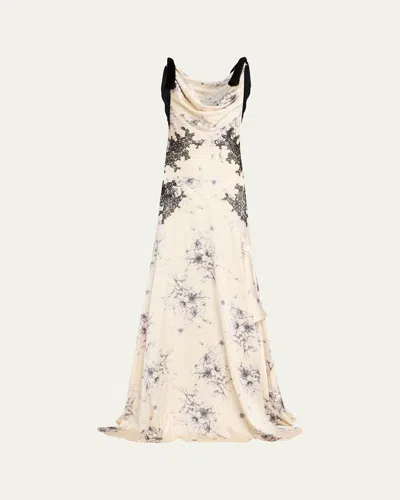 Cinq À Sept Hand-sketched Floral Cowl-neck Gown In White