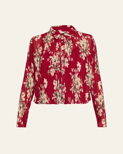 Cinq À Sept Hand-sketched Floral Georgette Blouse In Burgundy
