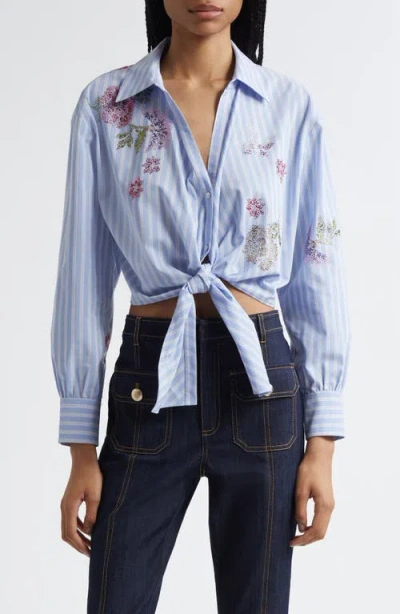 Cinq À Sept Hannah Stripe Embellished Tie Hem Shirt In Blue