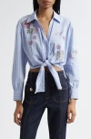 Cinq À Sept Hannah Stripe Embellished Tie Hem Shirt In Blue