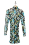 Cinq À Sept Harper Floral Long Sleeve Ruched Mesh Minidress In Multi