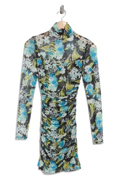 Cinq À Sept Harper Floral Long Sleeve Ruched Mesh Minidress In Multi