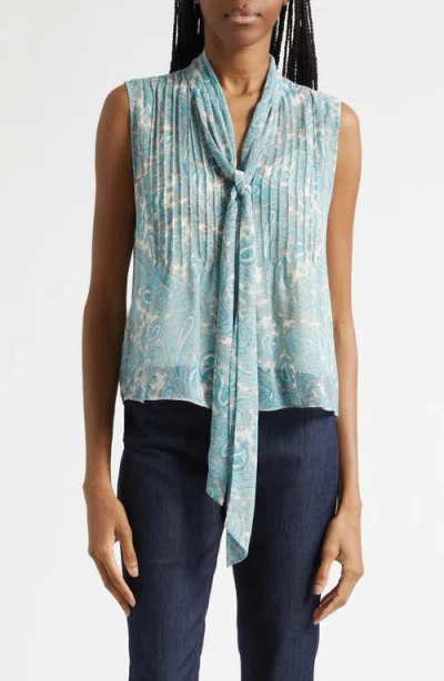 Cinq À Sept Hendrix Lois Paisley Pleated Tie Neck Top In Blue