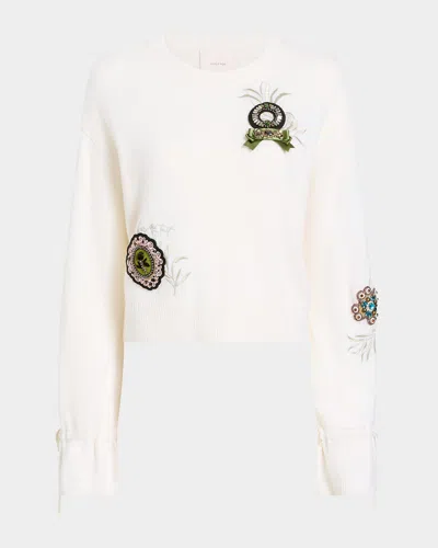 CINQ À SEPT HERITAGE ROSE PATCH EMBROIDERED CREWNECK SWEATER