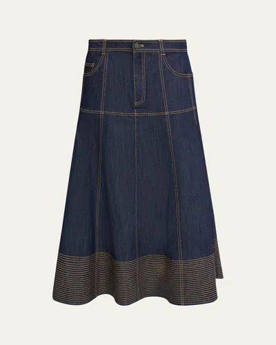 CINQ À SEPT HESTER A-LINE DENIM SKIRT WITH TOPSTITCHING