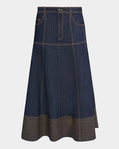CINQ À SEPT HESTER A-LINE DENIM SKIRT WITH TOPSTITCHING