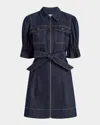 Cinq À Sept Holly Puff Sleeve Belted Denim Shirtdress In Indigo