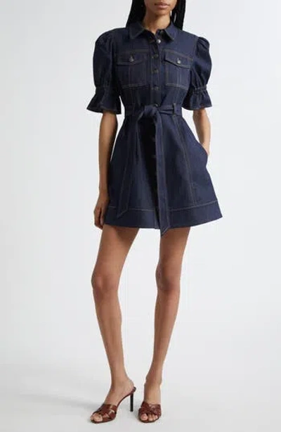 Cinq À Sept Holly Puff Sleeve Belted Denim Shirtdress In Animal Print