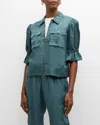 Cinq À Sept Holly Short-sleeve Sateen Jacket In Green Onyx