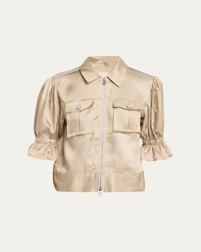 Cinq À Sept Holly Short-sleeve Sateen Jacket In Khaki