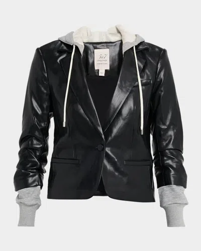 CINQ À SEPT HOODED VEGAN LEATHER COMBO BLAZER