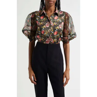Cinq À Sept Impressionist Floral Puff Sleeve Button-up Shirt In Black