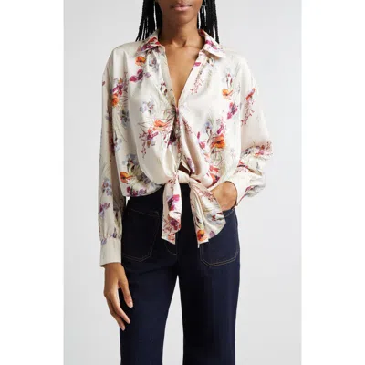 Cinq À Sept Iris Bouquet Marianna Print Tie Front Button-up Shirt In White