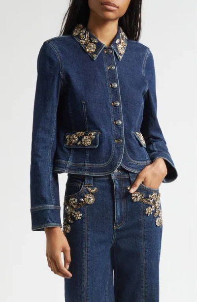 Cinq À Sept Ivy Crystal Crop Denim Jacket In Blue