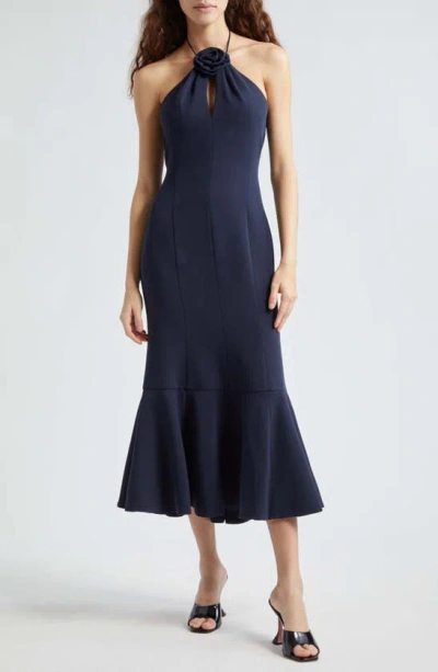 Cinq À Sept Jennie Crepe Flower Midi Halter Dress In Navy