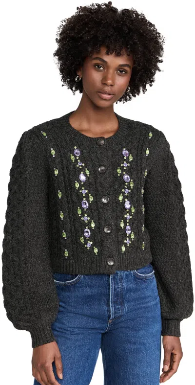 Cinq À Sept Joelle Embellished Cable Cardigan Charcoal Lilac/green
