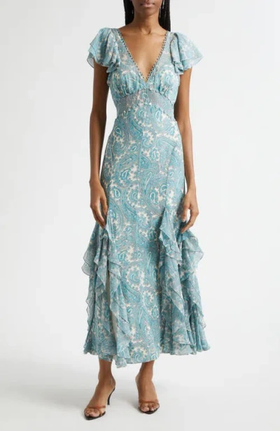 Cinq À Sept Joplin Hendrix Paisley Ruffle Detail Dress In Green