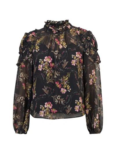 Cinq À Sept Josette Love Letter Floral-print Ruffled Top In Black