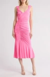 Cinq À Sept Juliete Gathered Midi Dress In Electric Pink