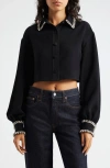 Cinq À Sept Juneve Rhinestone-embellished Button-front Crop Top In Black