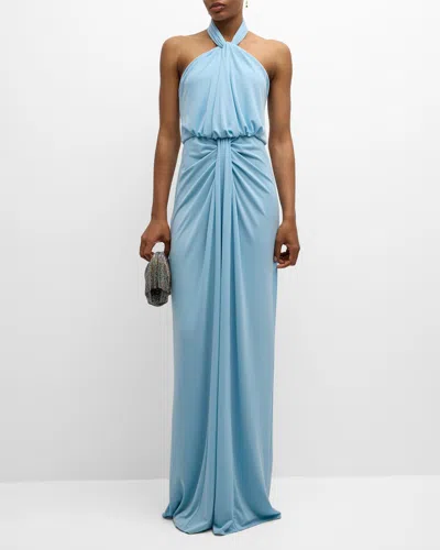 Cinq À Sept Kaily Backless Draped Halter Gown In Agua Fria