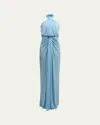 Cinq À Sept Kaily Backless Draped Halter Gown In Agua Fria