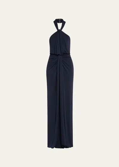 Cinq À Sept Kaily Backless Draped Halter Gown In Navy