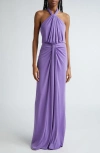 CINQ À SEPT KAILY GATHERED DRAPE HALTER MAXI DRESS