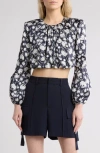 Cinq À Sept Kamala Graphic-print Crop Blouse In Navy/ivory