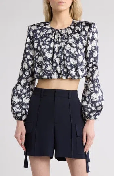 Cinq À Sept Kamala Graphic-print Crop Blouse In Navy/ivory