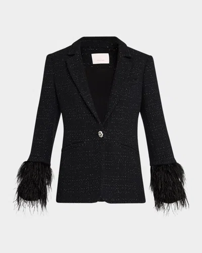 Cinq À Sept Karlie Feather-trim Shimmer Boucle Blazer In Black