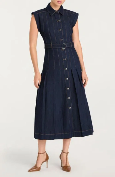 Cinq À Sept Karter Pleated Belted Denim Midi Dress In Purple