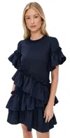 Cinq À Sept Kendria Ruffle Mixed Media Minidress In Navy