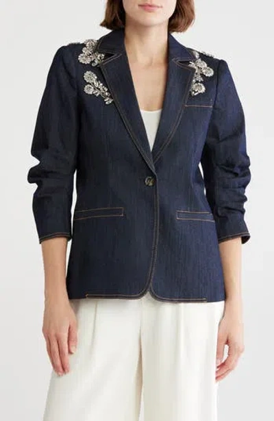 Cinq À Sept Khloe Crystal Chrysanthemum Denim Blazer