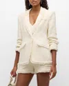 Cinq À Sept Kimmie Metallic Fringe Ruched Sleeve Blazer In Ivory