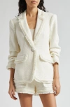 Cinq À Sept Kimmie Metallic Fringe Ruched Sleeve Blazer In Ivory