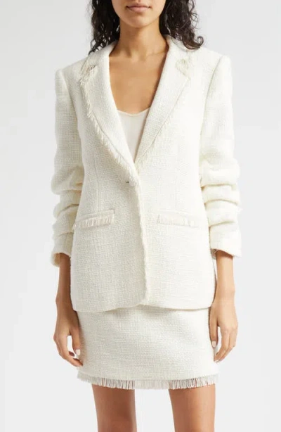 Cinq À Sept Kimmie Metallic Fringe Ruched Sleeve Blazer In Gardenia
