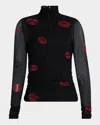 Cinq À Sept Kissing Booth Mesh Turtleneck Top In Blackred