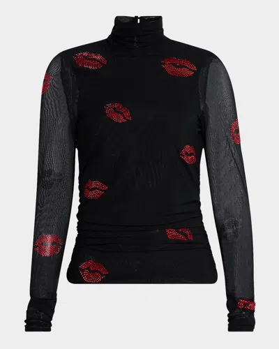 Cinq À Sept Kissing Booth Mesh Turtleneck Top In Blackred