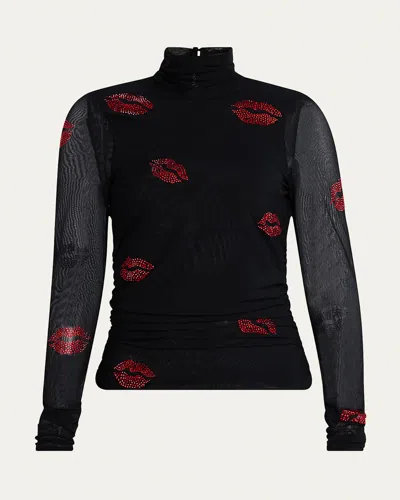 Cinq À Sept Kissing Booth Mesh Turtleneck Top In Blackred