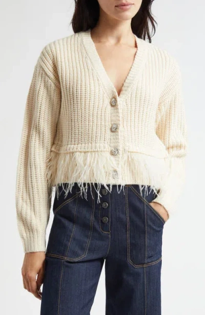 Cinq À Sept Krissi Embellished Button Feather Trim Cardigan In Neutral