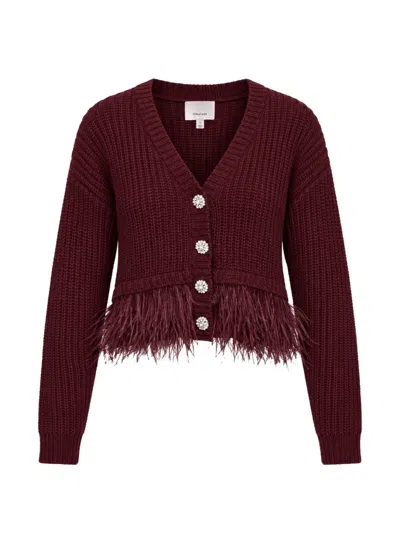 Cinq À Sept Krissi Feather-trim Crystal-button Cardigan In Burgundy