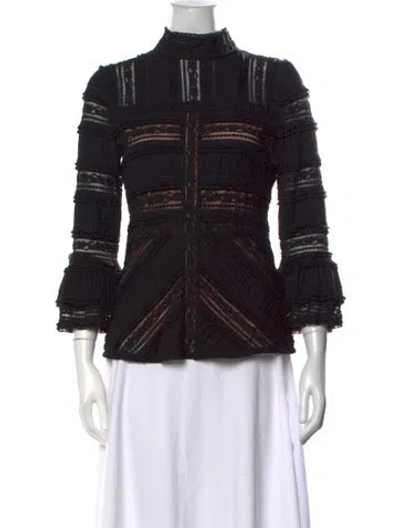 Pre-owned Cinq À Sept Lace Pattern Mock Neck Blouse In Black