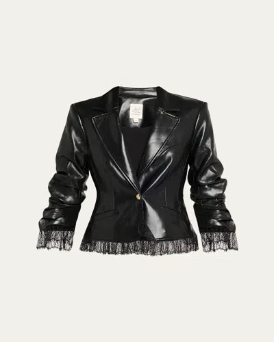 Cinq À Sept Lace-trim Vegan Leather Blazer In Blue